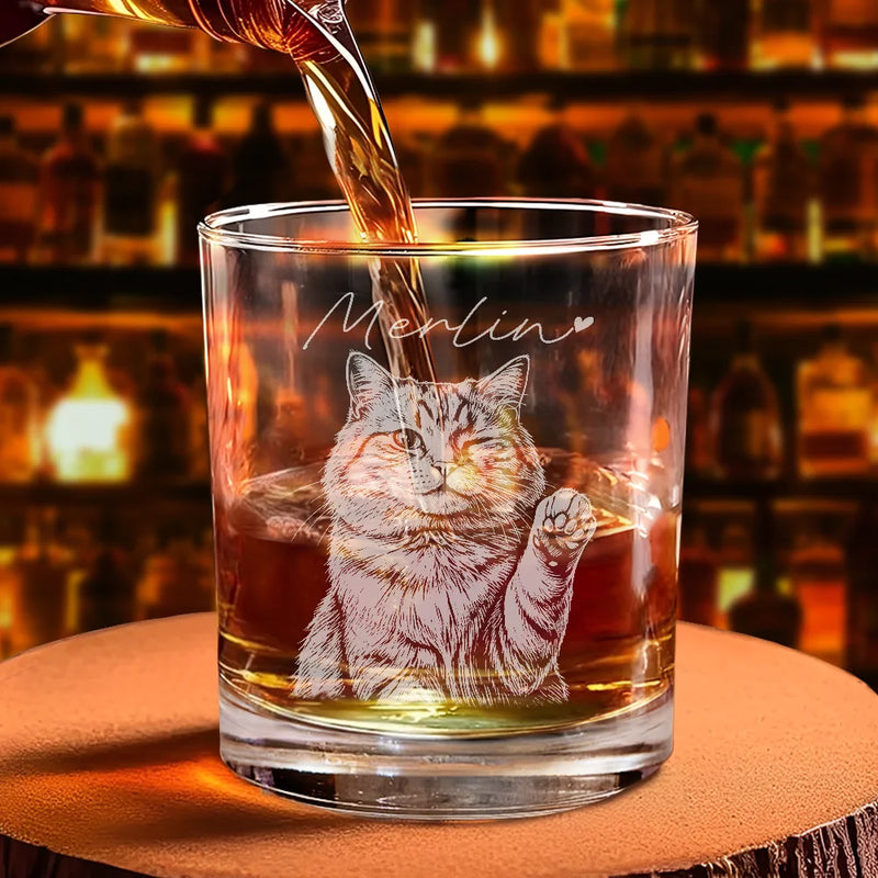 Pet Lovers,Pet Mom,Pet Dad,Dog Lovers,Dog Mom,Dog Dad,Cat Lovers,Cat Mom,Cat Dad,Non-Eng,Photo - Pencil Sketch (Dark BG),Adorable - Custom Photo White Pencil Sketch Art Pet Dad Pet Mom - Personalized Engraved Whiskey Glass