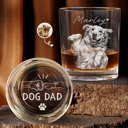 Custom Photo White Pencil Sketch Art Pet Dad Pet Mom - Personalized Engraved Whiskey Glass