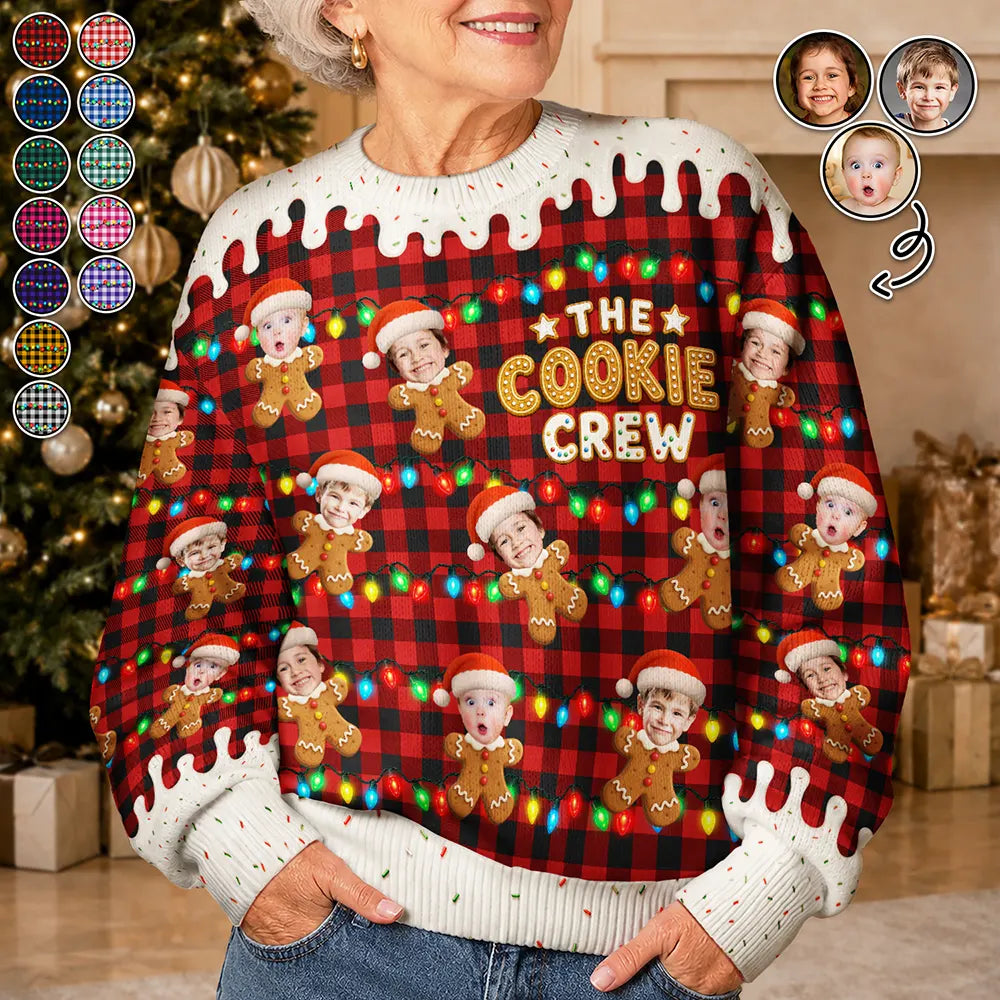Christmas,Custom Photo,Family,Cut-Face Photo,Happy - Custom Photo The Cookie Crew Family - Personalized Unisex Ugly Sweater