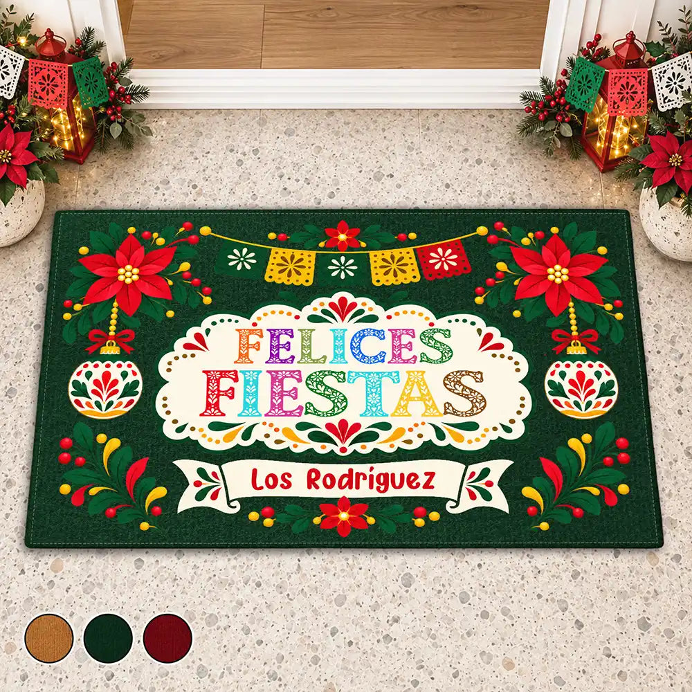 Christmas,Custom Text,Family,Happy - Regalo De Navidad Para Familia Latina - Personalized Feliz Navidad Doormat