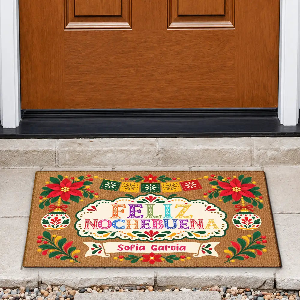 Christmas,Custom Text,Family,Happy - Regalo De Navidad Para Familia Latina - Personalized Feliz Navidad Doormat