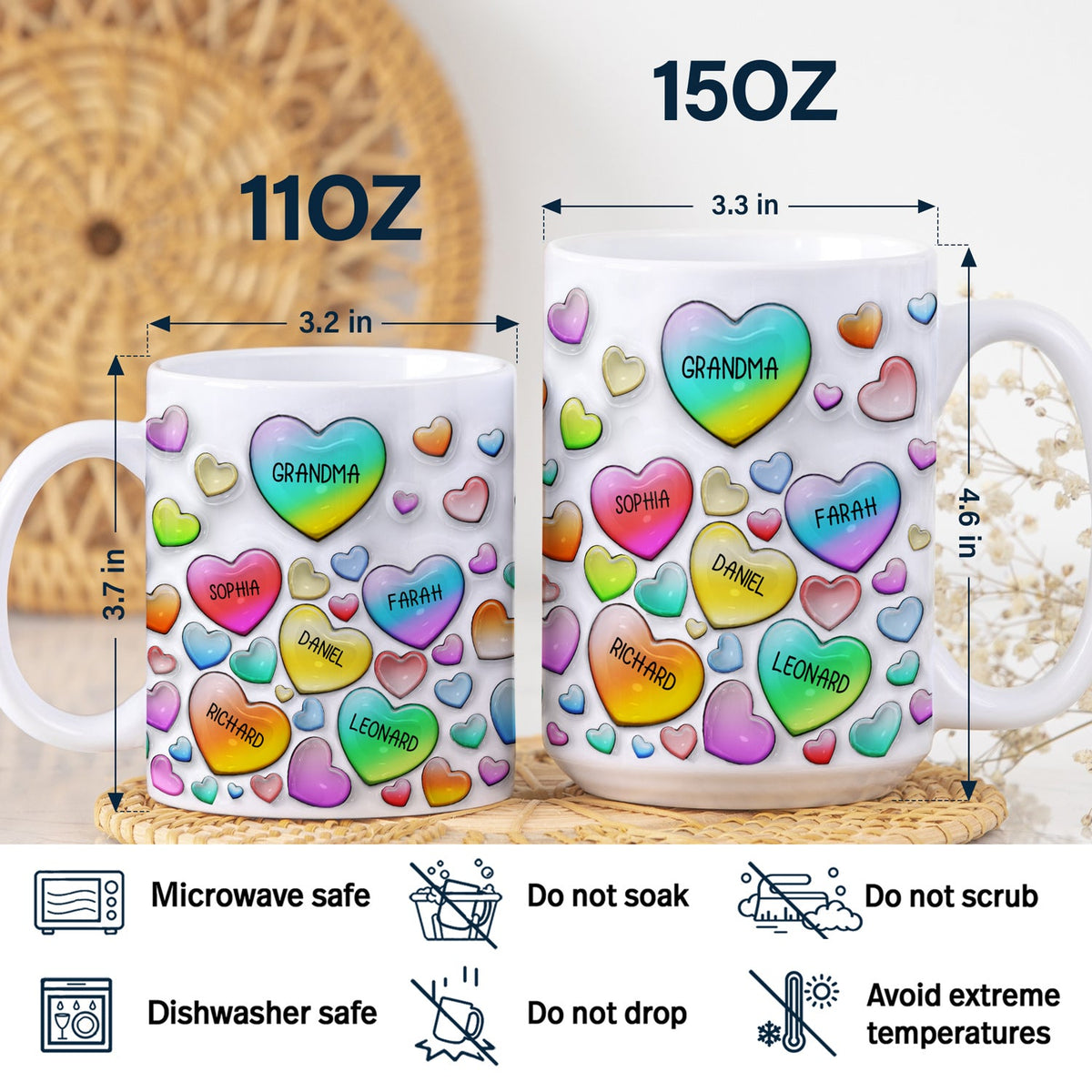 Grandma's Sweethearts Heart By Heart - Gift For Nana, Mom, Mama - 3D Inflated Effect Printed Mug, Personalized White Edge-to-Edge Mug
