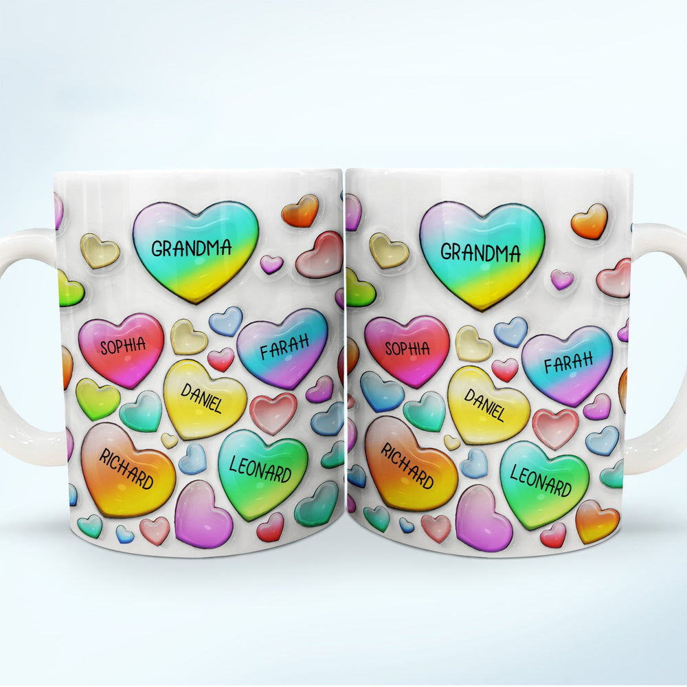 Grandma's Sweethearts Heart By Heart - Gift For Nana, Mom, Mama - 3D Inflated Effect Printed Mug, Personalized White Edge-to-Edge Mug