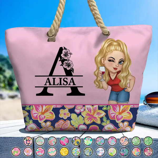Monogram Floral Tropical Girl - Personalized Beach Bag