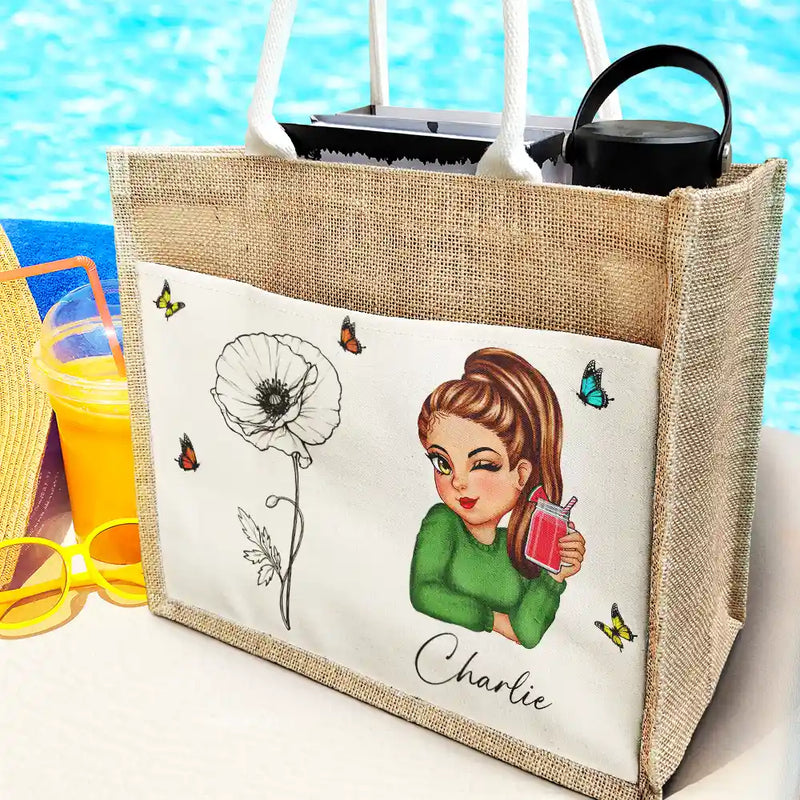 Line Wild Flower Cartoon Woman - Personalized Jute Tote Bag