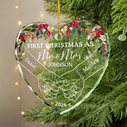 Holding Hands First Christmas Couple - Personalized Heart Shaped Glass Ornament