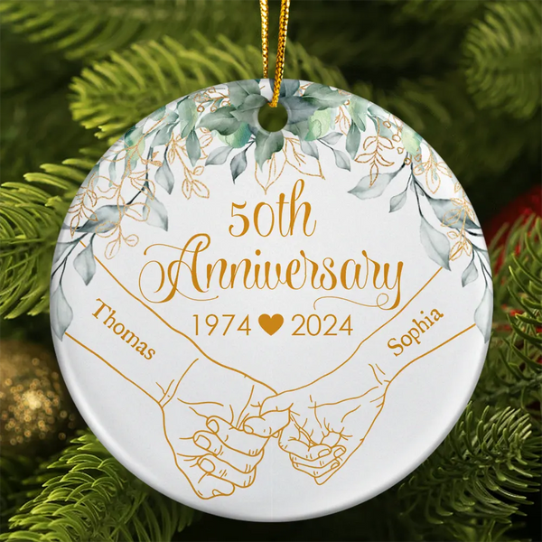 Gift For Couples - Holding Hands Couples Anniversary - Personalized Circle Ceramic Ornament