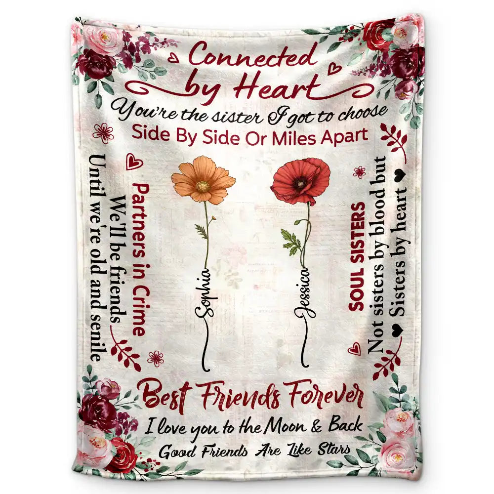 Birth Flower Besties Connected By Heart - Personalized Fleece Blanket, Sherpa Blanket