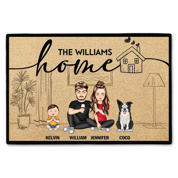 Gift For Couples,Pet Lovers,Dog Lovers,Cat Lovers,Family,Happy - Couple Home With Pet And Kid - Personalized Doormat