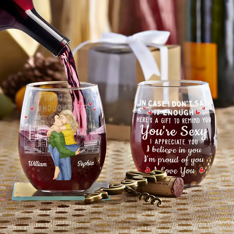 Gift For Couples,Gift For Boyfriend,Gift For Husband,Gift For Wife,Gift For Girlfriend,Love - Kissing Couple In Case I Don't Say It Enough - Personalized Stemless Wine Glass