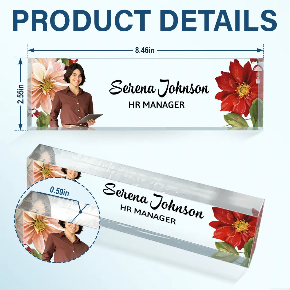 Gifts For Colleagues, Gift For Bestie - Custom Photo Woman Man Office Flower Frame - Personalized Desk Name Plate