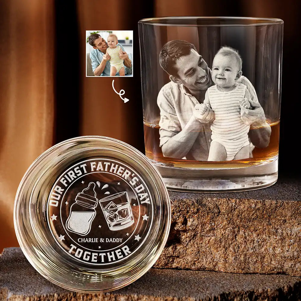 Custom Photo Our First Father's Day Together - Personalized Engraved Whiskey Glass