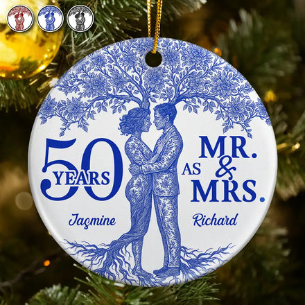 Toile De Jouy Couple Wedding Anniversary Gift - Personalized Circle Ceramic Ornament