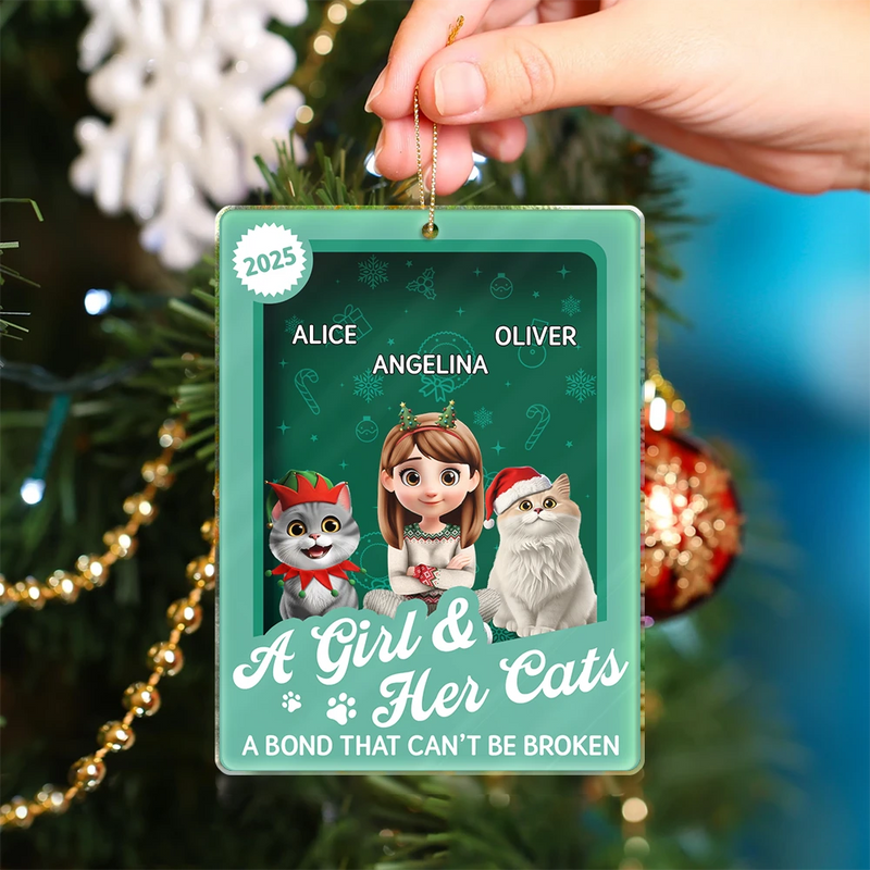 Pet Lovers,Pet Mom,Pet Dad,Cat Lovers,Cat Mom,Cat Dad,Christmas,Top Market,Happy - A Girl & Her Cats Unbreakable Bond Toy Box - Personalized Custom Shaped Acrylic Ornament