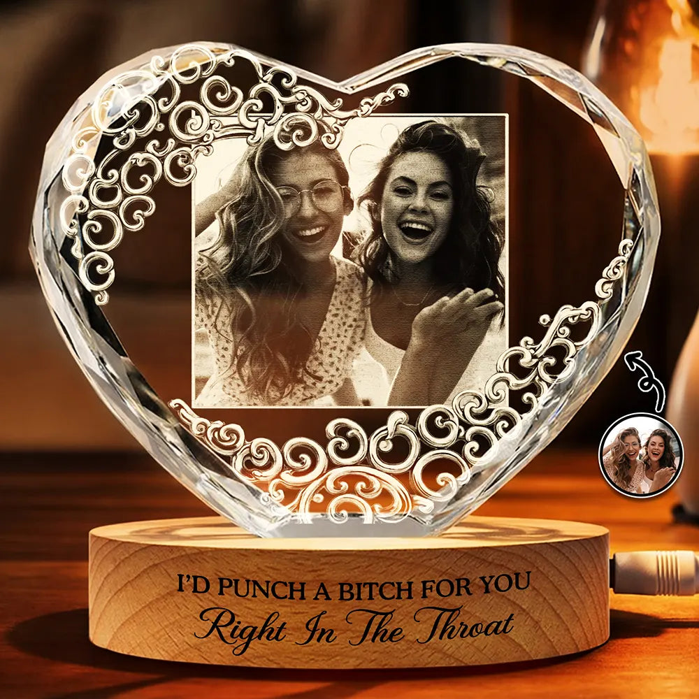Custom Photo Right In The Throat Bestie - Personalized Crystal Heart Shaped Lamp