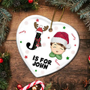 Christmas Monogram Letter Kids - Personalized Combo Heart Ceramic Ornament
