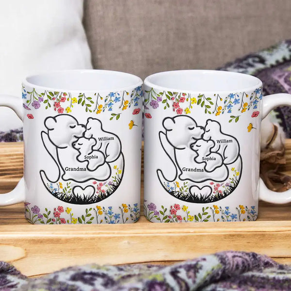 Gift For Grandma, Gift For Mother, Happy - Grandma Bear Floral - 3D Inflated Effect Printed Mug, Personalized White Edge-to-Edge Mug