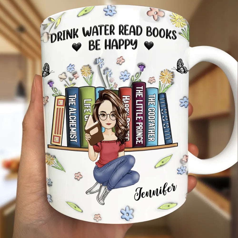 Reading Drink Water Read Books - 3D Inflated Effect Printed Mug, Personalized White Edge-to-Edge Mug