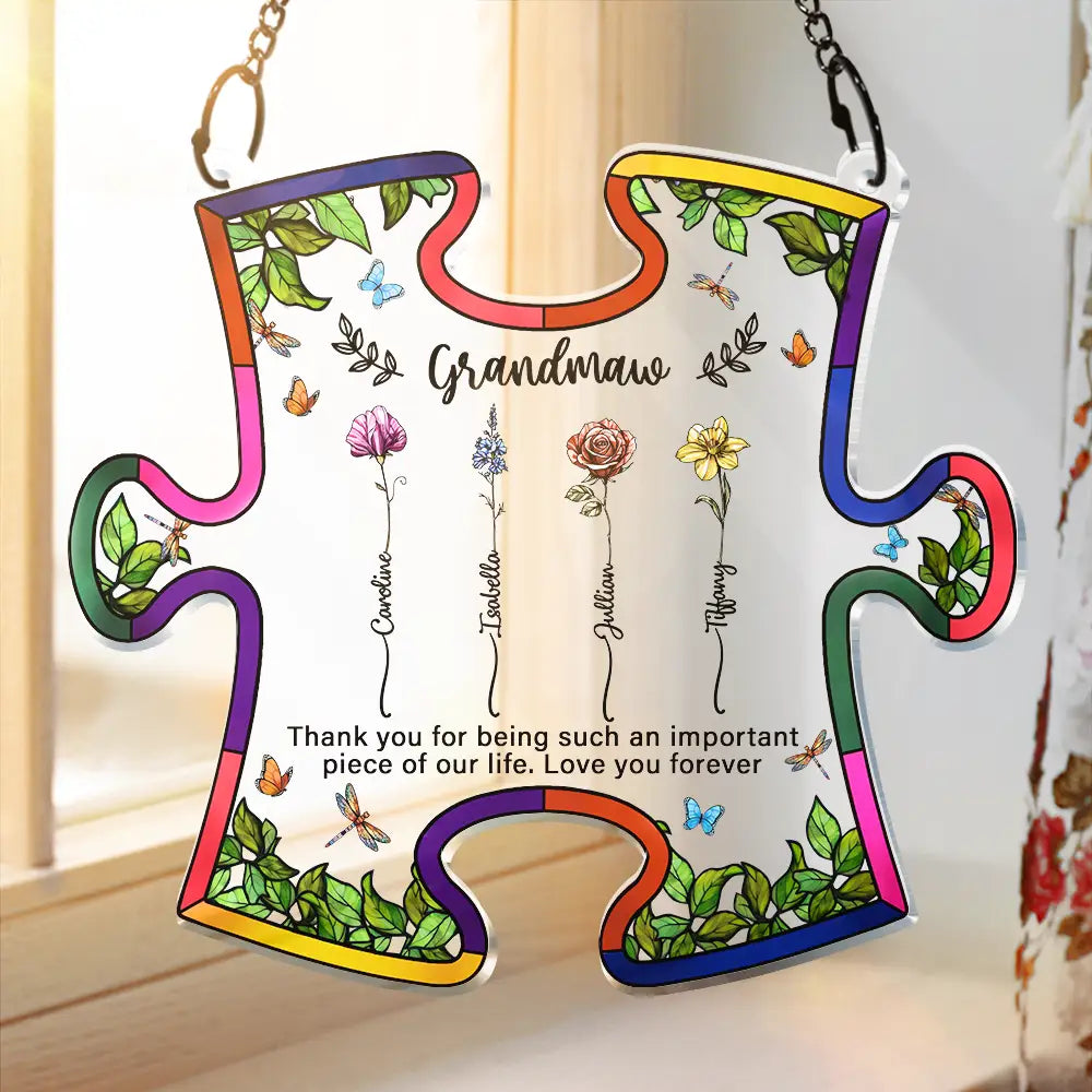 Important Piece Of My Life Grandma Birth Flower - Personalized Window Hanging Suncatcher Ornament
