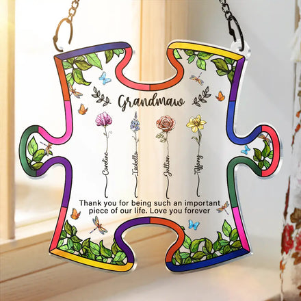 Important Piece Of My Life Grandma Birth Flower - Personalized Window Hanging Suncatcher Ornament