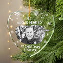 Christmas, Custom Photo, Memorial, Sad, Family - Custom Photo In Our Heart At Christmas & Forever - Personalized Heart Shaped Glass Ornament