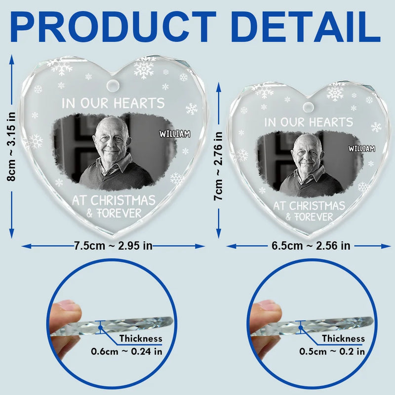 Christmas, Custom Photo, Memorial, Sad, Family - Custom Photo In Our Heart At Christmas & Forever - Personalized Heart Shaped Glass Ornament