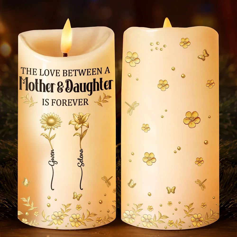 3D Metal Effect Birth Month Flowers Mother And Daughters - Personalized Flameless LED Candle
