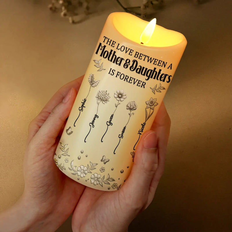 Gift For Women,Gift For Mother,Mom - Daughters (Adult),Mom - Daughters (Young),Gift For Daughter,Love - 3D Metal Effect Birth Month Flowers Mother And Daughters - Personalized Flameless LED Candle