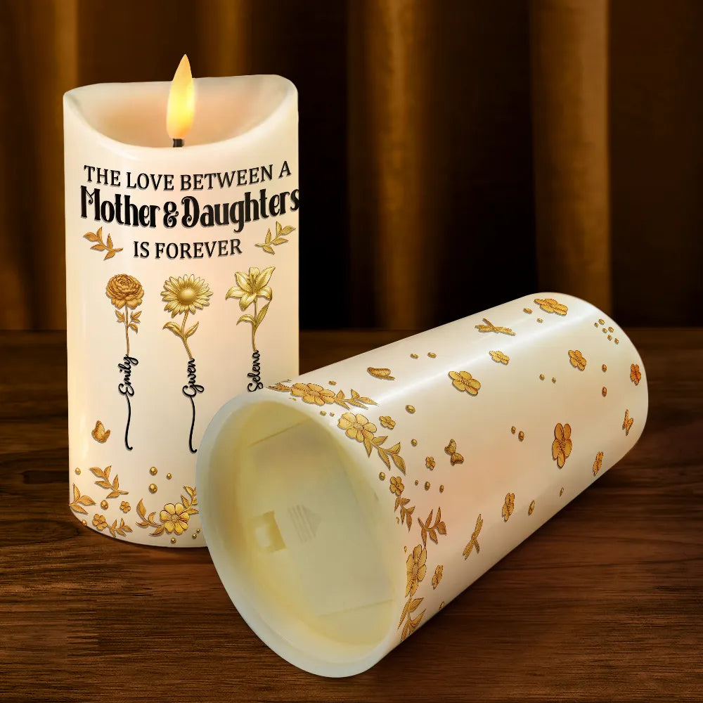 Gift For Women,Gift For Mother,Mom - Daughters (Adult),Mom - Daughters (Young),Gift For Daughter,Love - 3D Metal Effect Birth Month Flowers Mother And Daughters - Personalized Flameless LED Candle