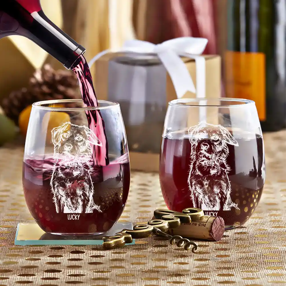 Pet Lovers, Pet Mom, Pet Dad, Happy - Custom Photo Pencil Sketch Pet Portrait A Woman & Her Dog - Personalized Stemless Wine Glass