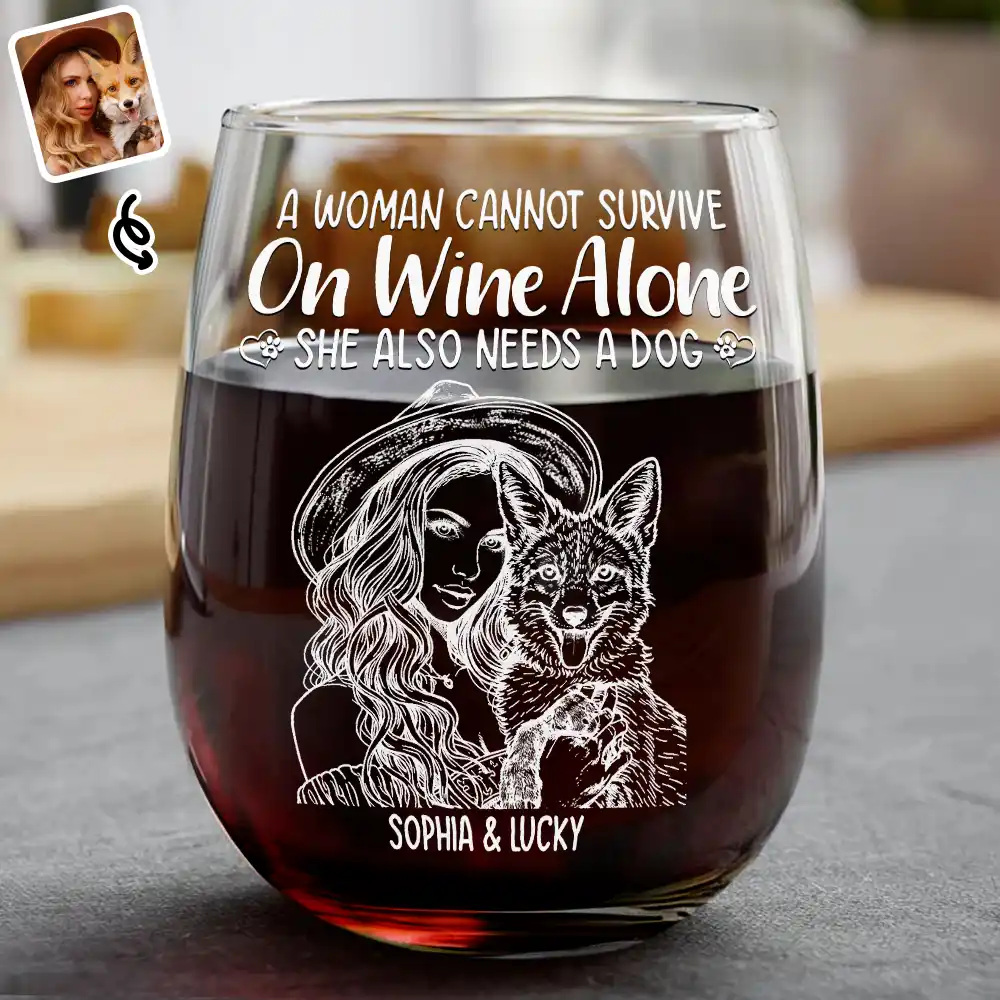 Custom Photo Pencil Sketch Pet Portrait A Woman & Her Dog - Personalized Stemless Wine Glass