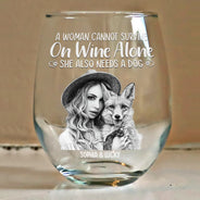 Custom Photo Pencil Sketch Pet Portrait A Woman & Her Dog - Personalized Stemless Wine Glass