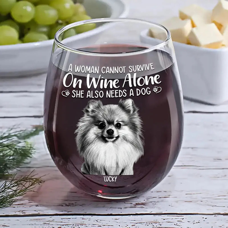 Custom Photo Pencil Sketch Pet Portrait A Woman & Her Dog - Personalized Stemless Wine Glass