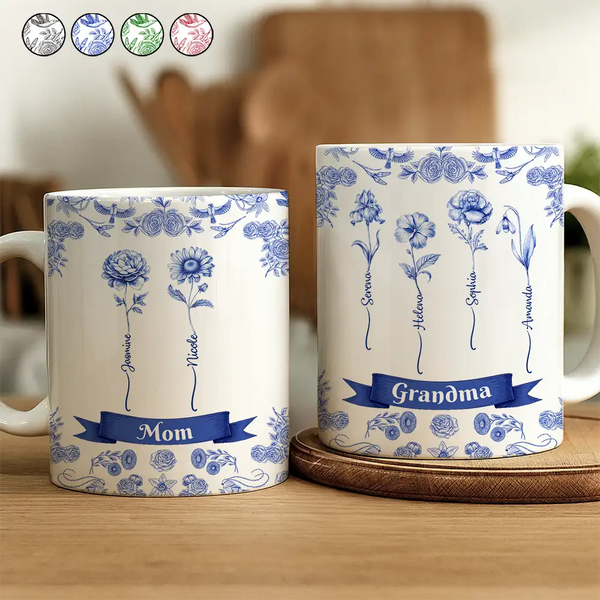 Gift For Yourself,Gift For Women,Gift For Mother,Gift For Grandma,Love - Toile De Jouy Birth Flowers For Grandma And Mom - Personalized White Edge-to-Edge Mug
