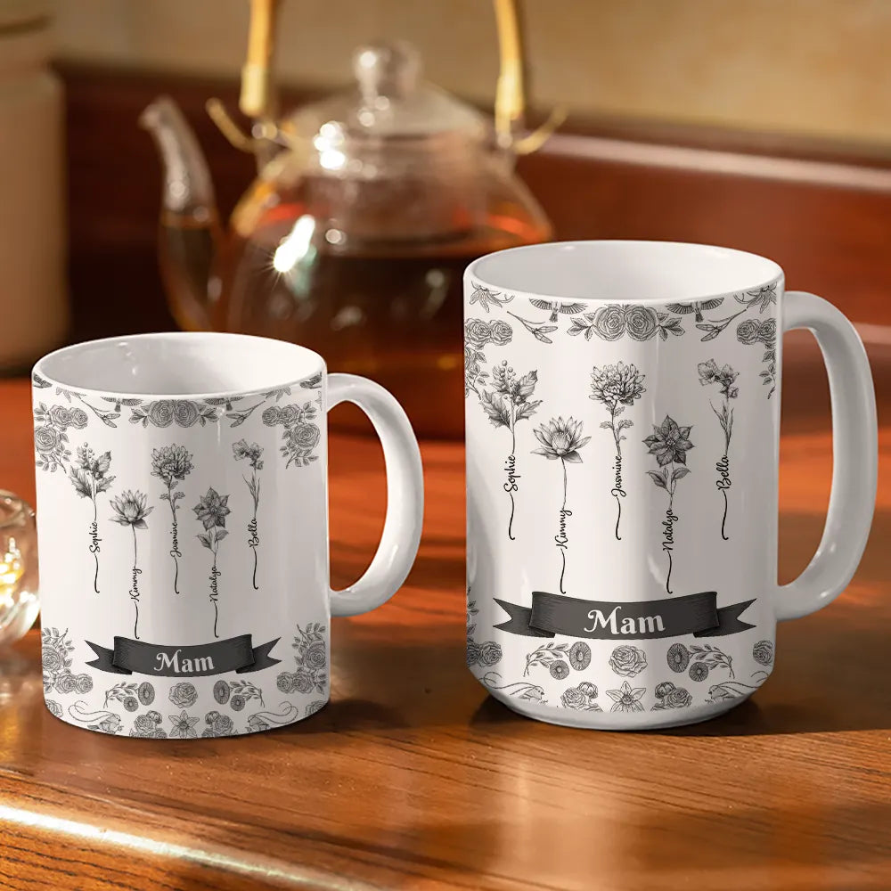 Gift For Yourself,Gift For Women,Gift For Mother,Gift For Grandma,Love - Toile De Jouy Birth Flowers For Grandma And Mom - Personalized White Edge-to-Edge Mug