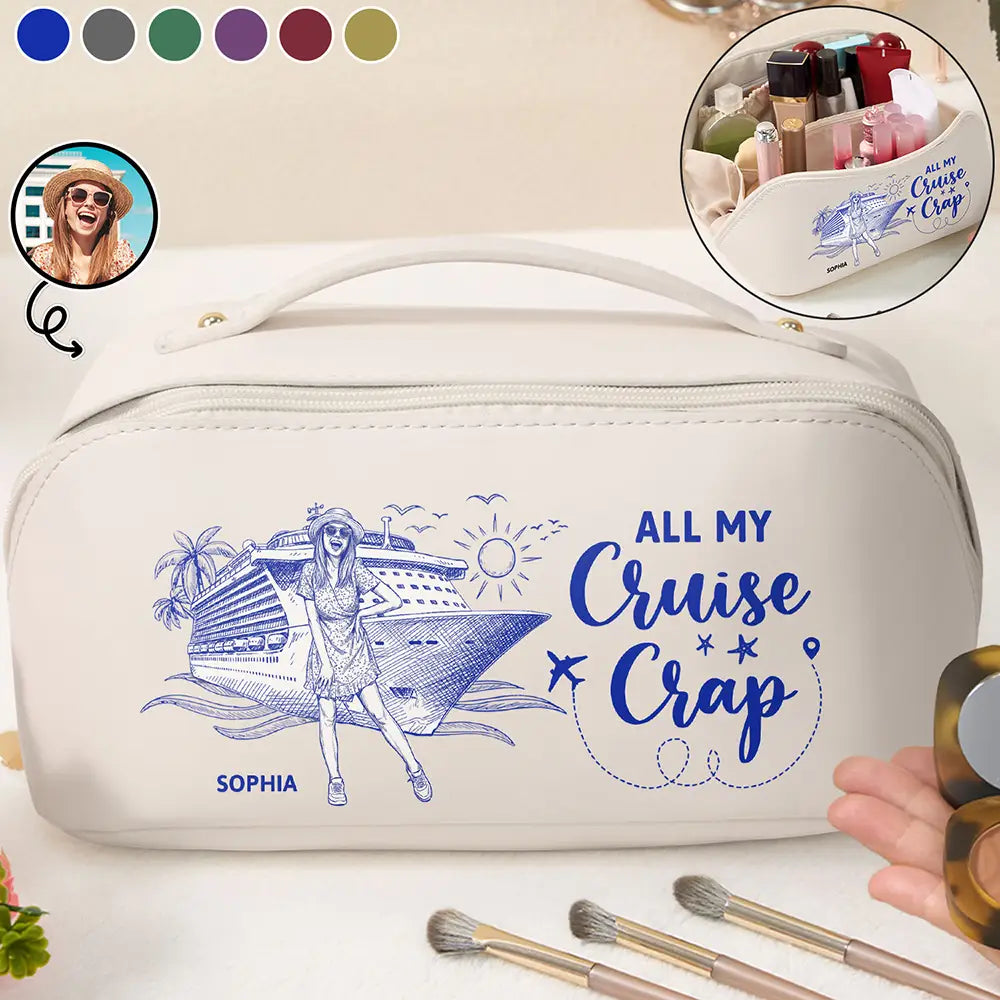 Custom Photo, Art Design, Summer, Cruising, Gift For Yourself, Confident, Photo - Pencil Sketch - White BG - Custom Photo Pencil Sketch Art Travel All My Cruise Crap - Personalized Leather Makeup Bag