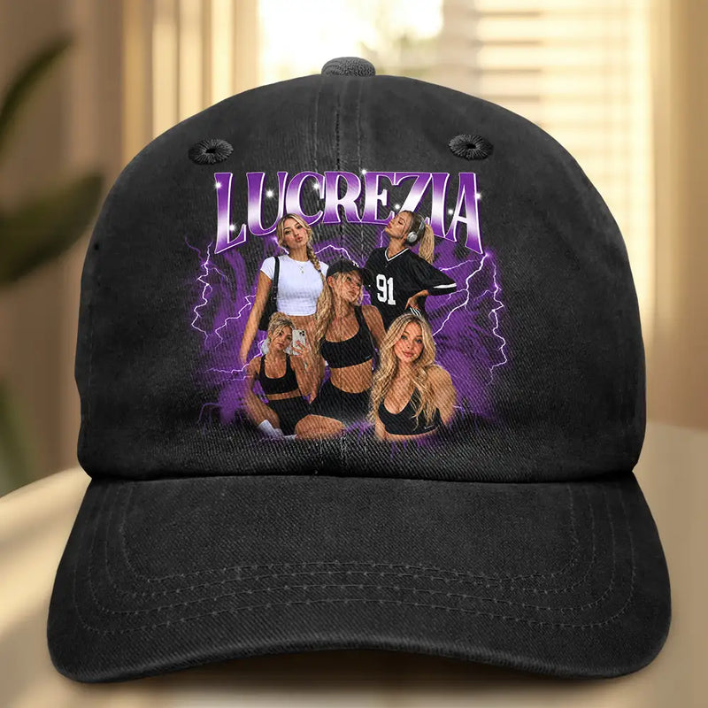Custom Photo, Anniversary, Art Design, Gift For Couples, Playful, Photo Collage - Custom Photo Collage Bootleg Portrait For Couple Bestie Family - Personalized Vintage Washed Denim Cap