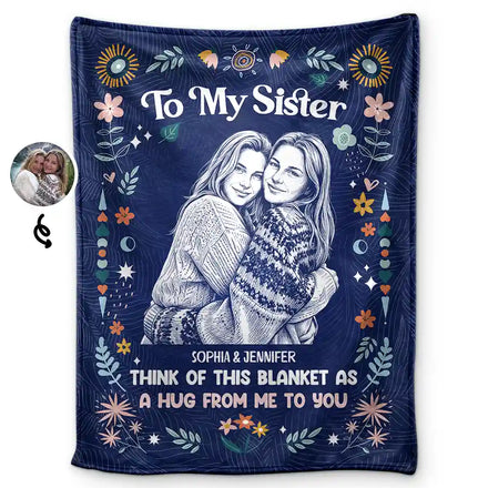 Custom Photo White Pencil Sketch Art Think Of This Blanket As A Hug - Personalized Fleece Blanket, Sherpa Blanket