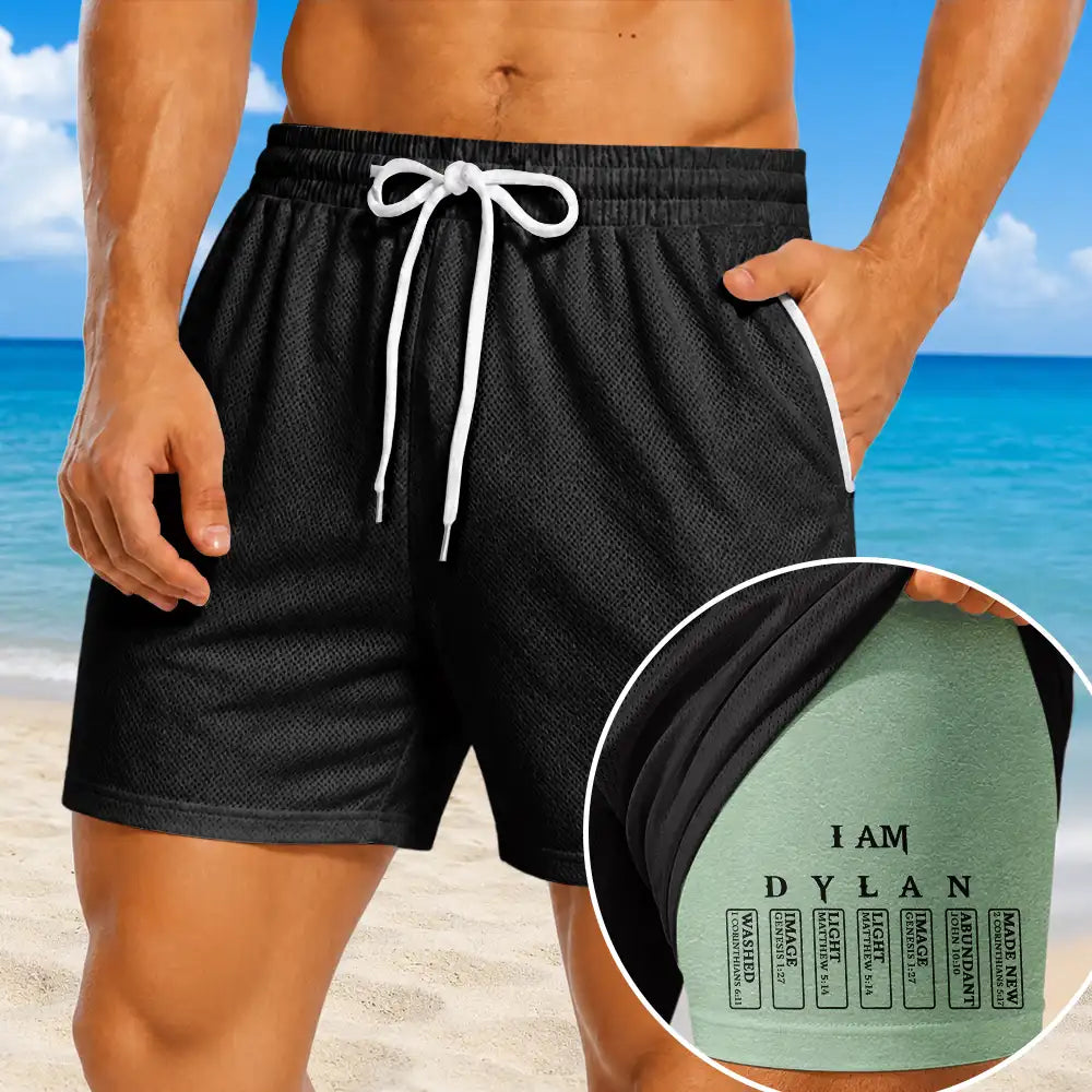 Devoted, Christian, Gift For Men, Gift For Yourself, Summer, Custom Letter, Icon - Hidden Bible Verses God Says You Are For Him, Husband, Son - Personalized Swim Trunks With Liner
