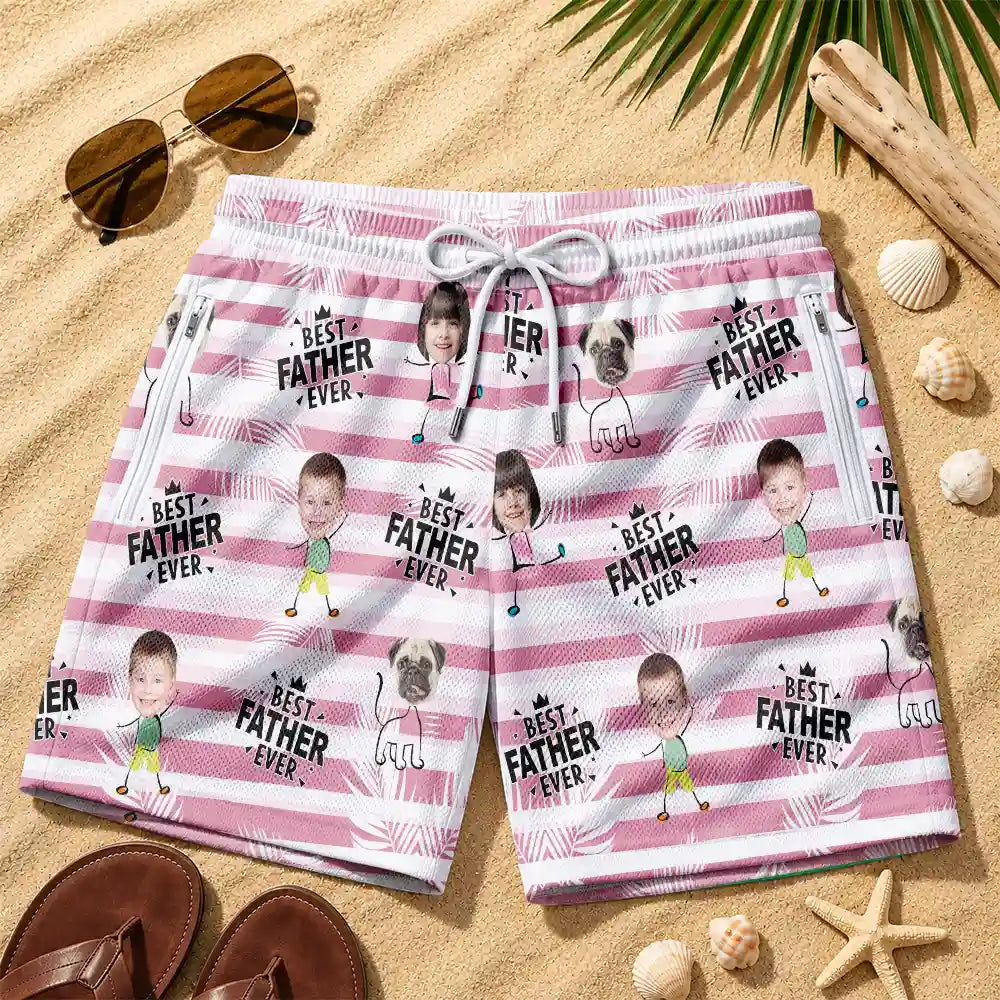 Adorable,Gift For Father,Beach,Custom Photo,Summer,Cut-Face Photo,Icon - Custom Photo Best Dad Grandpa Funny Face With Kids - Personalized Swim Trunks With Liner