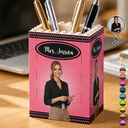 Art Design,Teacher,Confident,Back To School,Photo - Cartoon Portrait - Custom Photo Cartoon Portrait Teacher With Colorful Crayon - Personalized Building Block Pen Holder