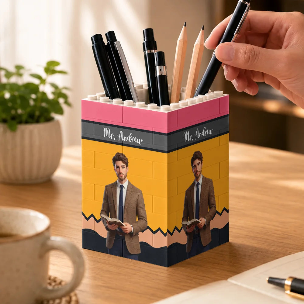Art Design,Teacher,Confident,Back To School,Photo - Cartoon Portrait - Custom Photo Cartoon Portrait Teacher With Colorful Crayon - Personalized Building Block Pen Holder