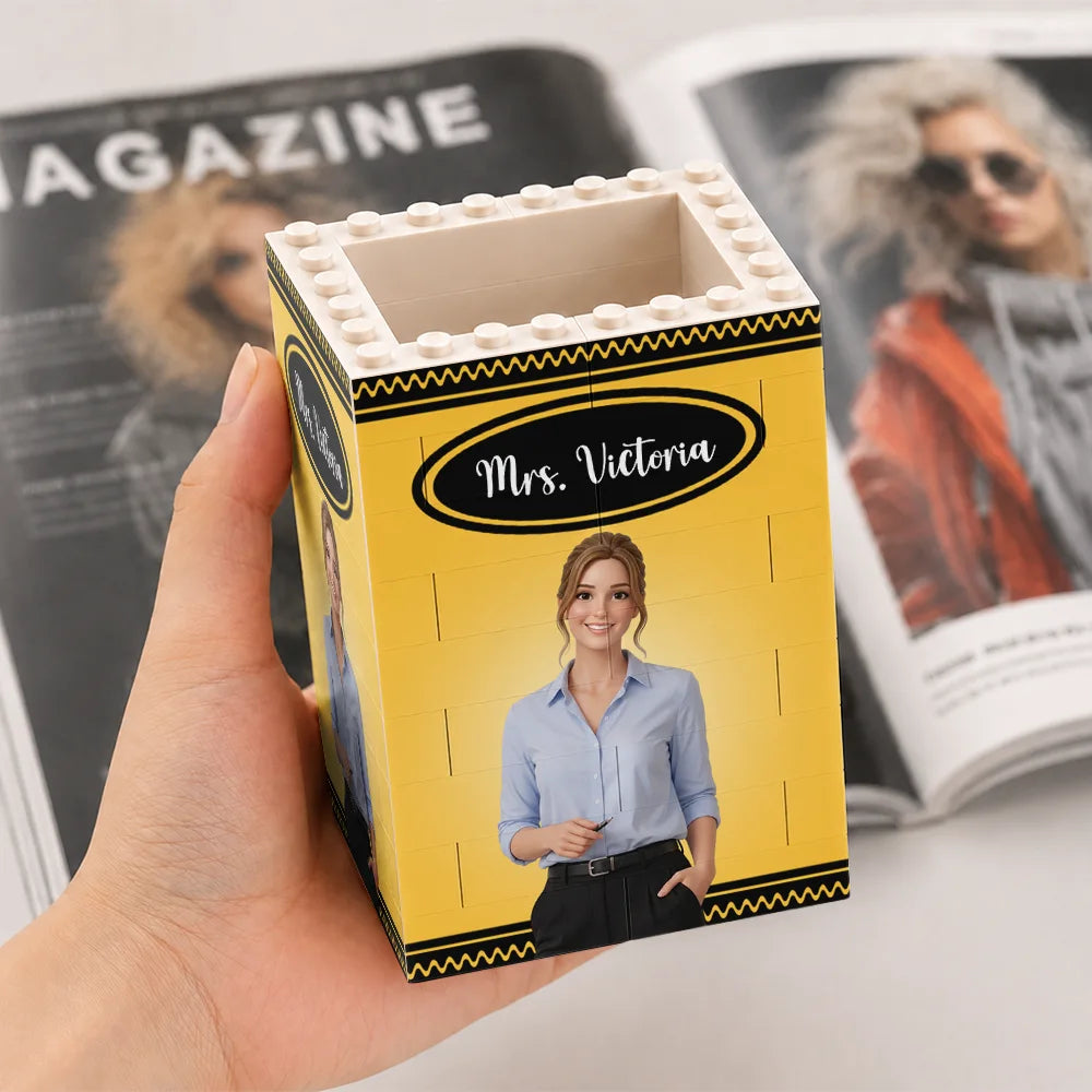 Art Design,Teacher,Confident,Back To School,Photo - Cartoon Portrait - Custom Photo Cartoon Portrait Teacher With Colorful Crayon - Personalized Building Block Pen Holder