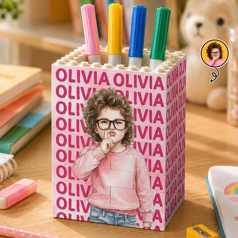 Adorable,Art Design,Back To School,Gift For Kids,Photo - Watercolor - Remove BG - Custom Photo Realistic Watercolor Art Kid Portrait With Name - Personalized Building Block Pen Holder