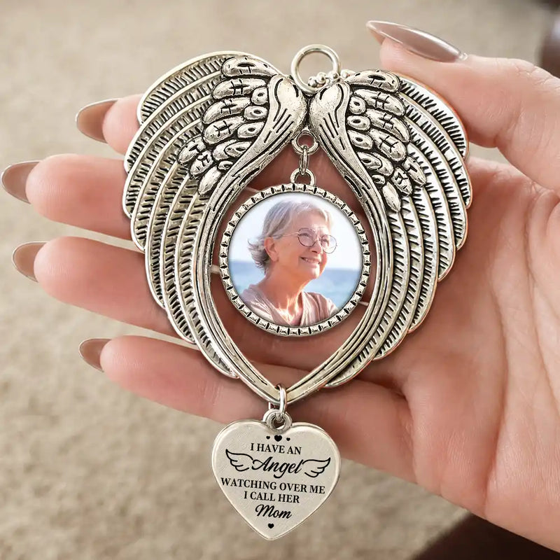 Christmas,Custom Photo,Sympathetic,Family,Memorial,Upload Full Photo - Custom Photo Memorial I Have An Angel Watching Over Me - Personalized Angel Wings Photo Ornament