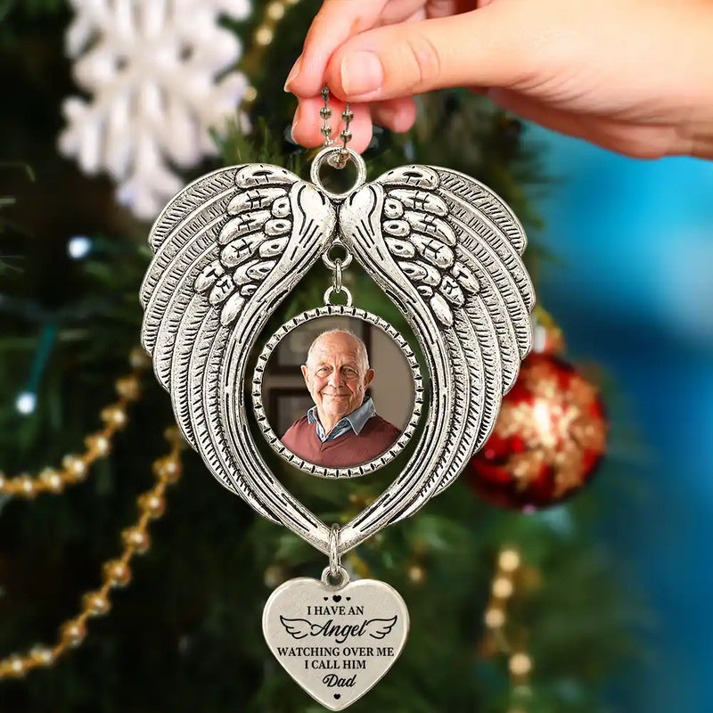 Christmas,Custom Photo,Sympathetic,Family,Memorial,Upload Full Photo - Custom Photo Memorial I Have An Angel Watching Over Me - Personalized Angel Wings Photo Ornament