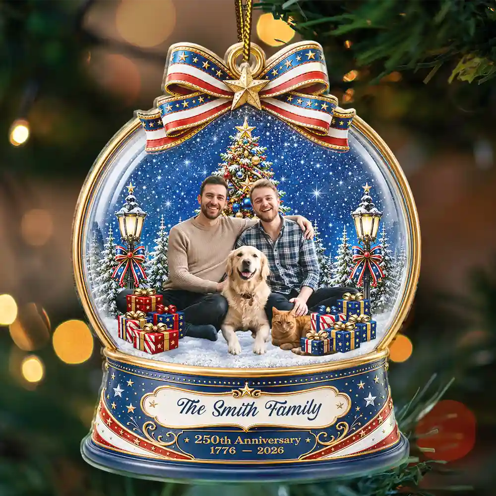 Independence Day,America 250th,Christmas,Proud,Custom Photo,Family,Remove BG Photo - Custom Photo Christmas 250th Anniversary Family Wrapped In Love - Personalized Custom Shaped Acrylic Ornament