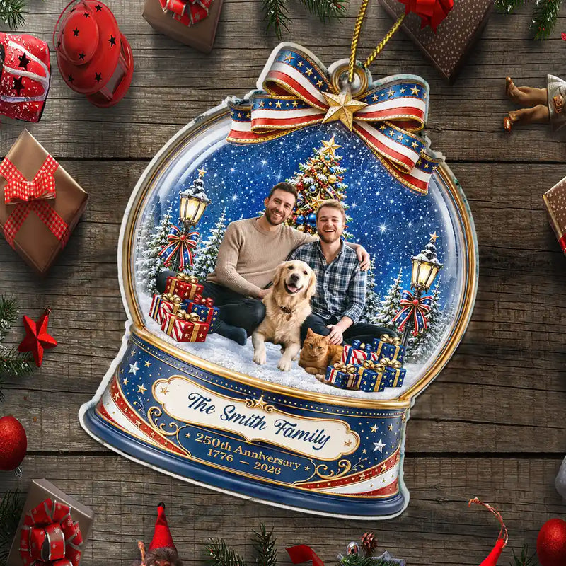 Independence Day,America 250th,Christmas,Proud,Custom Photo,Family,Remove BG Photo - Custom Photo Christmas 250th Anniversary Family Wrapped In Love - Personalized Custom Shaped Acrylic Ornament