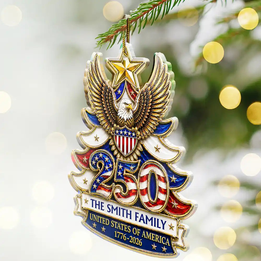 Independence Day,America 250th,Christmas,Proud,Family,Custom Text - Christmas America 250th Anniversary Stars Stripes Forever - Personalized Custom Shaped Acrylic Ornament