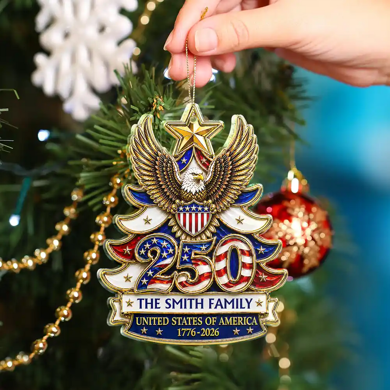 Independence Day,America 250th,Christmas,Proud,Family,Custom Text - Christmas America 250th Anniversary Stars Stripes Forever - Personalized Custom Shaped Acrylic Ornament